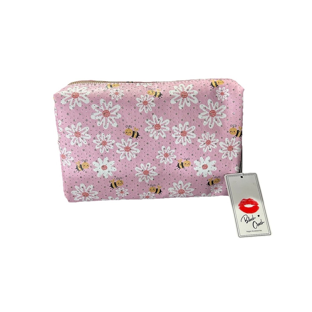 NWT MAKEUP COSMETIC travel BAG With Zipper Pink Daisy Flower Bee by BLUSH CRUSH